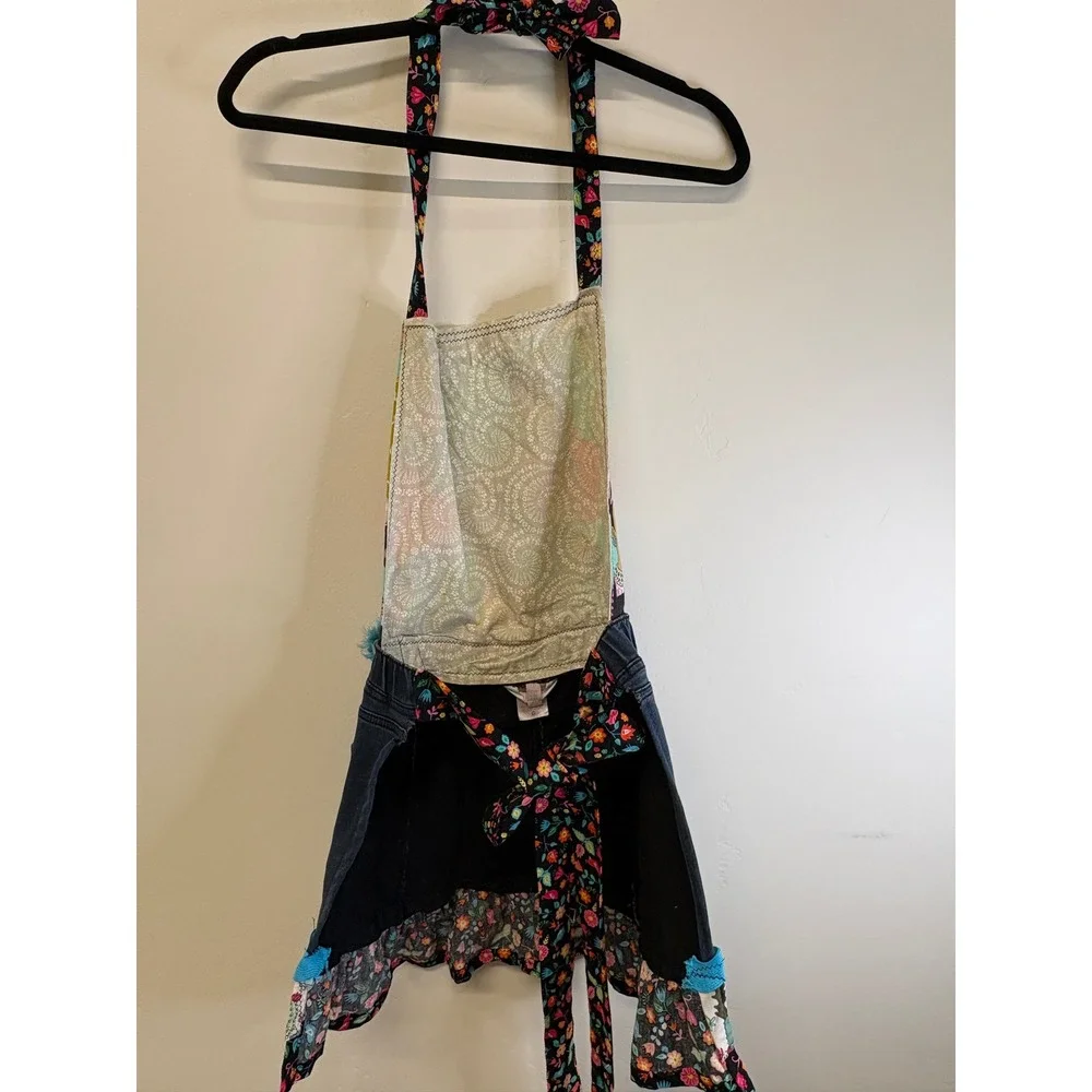 Handmade Upcycled Frida Kahlo Denim Apron Ruffle Pom Pom One Size 34in